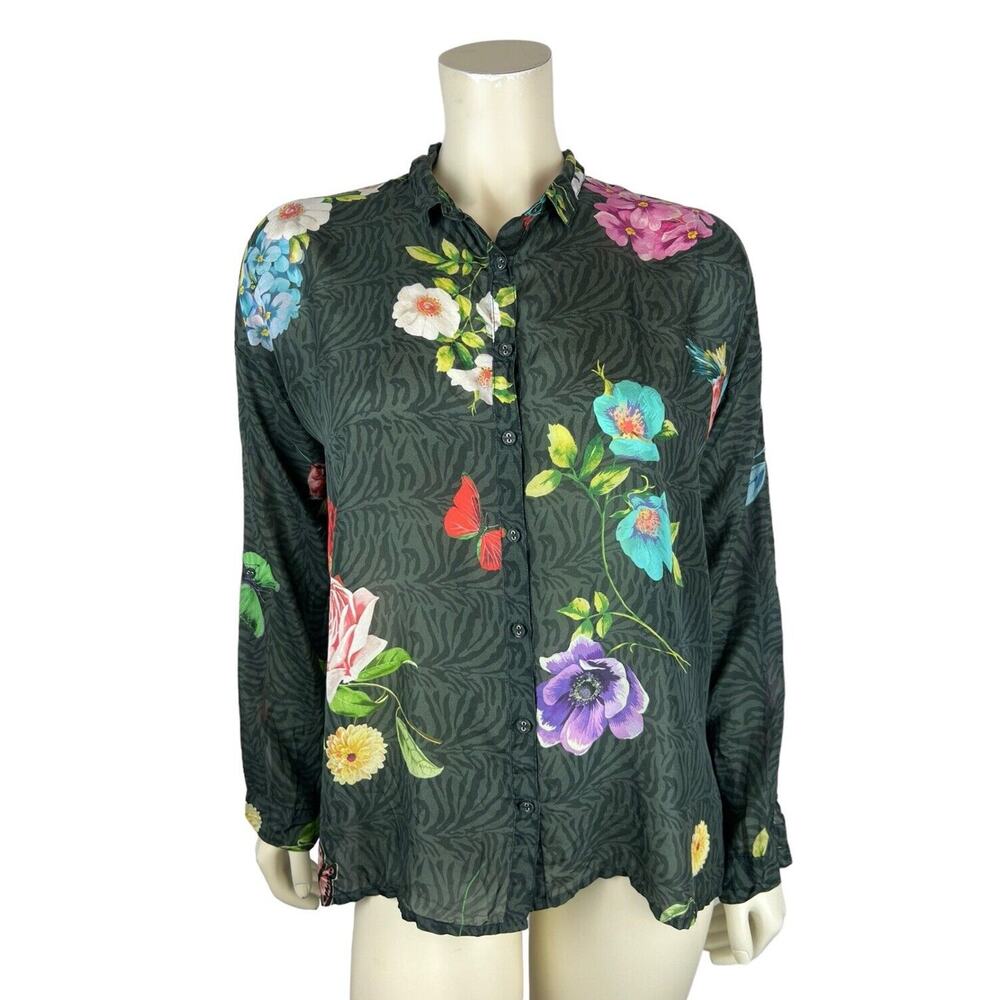 Johnny Was Blooming Celine Button Down Top Size XS Floral Print Bird Butterfly